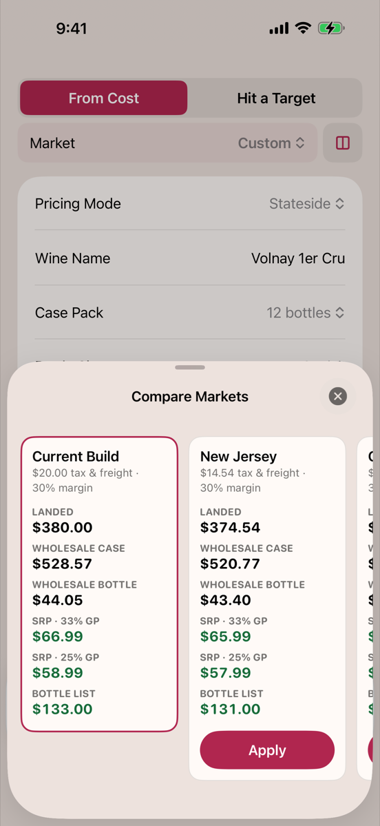 Compare Markets on iPhone: the current build and the New Jersey, California and Texas markets side by side, each showing landed cost, wholesale case and bottle, suggested retail at two GP tiers, and bottle list
