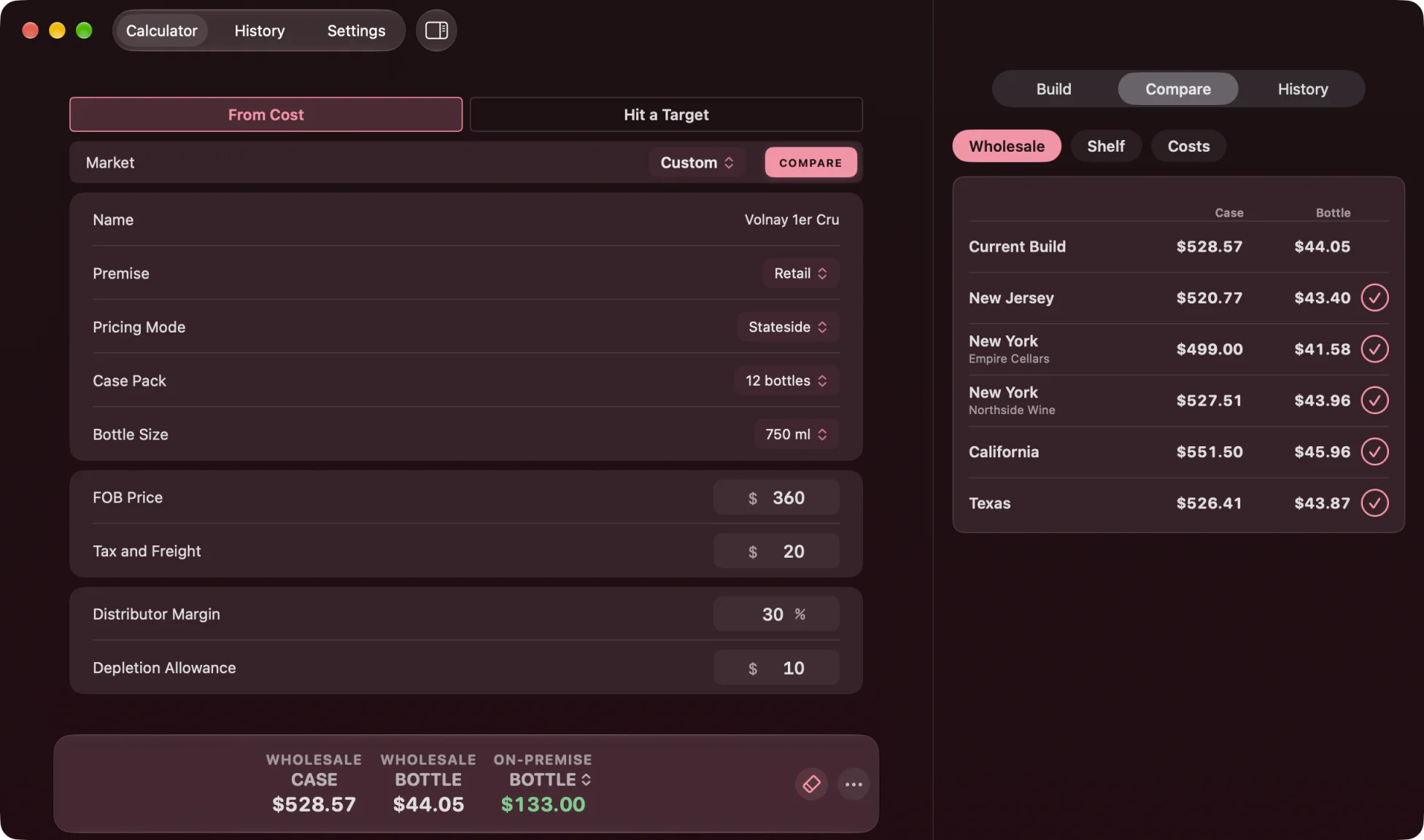 Landed on the Mac in dark mode: the same Volnay build and the Compare panel's wholesale case and bottle for every market, in the Gamay theme's dark palette.