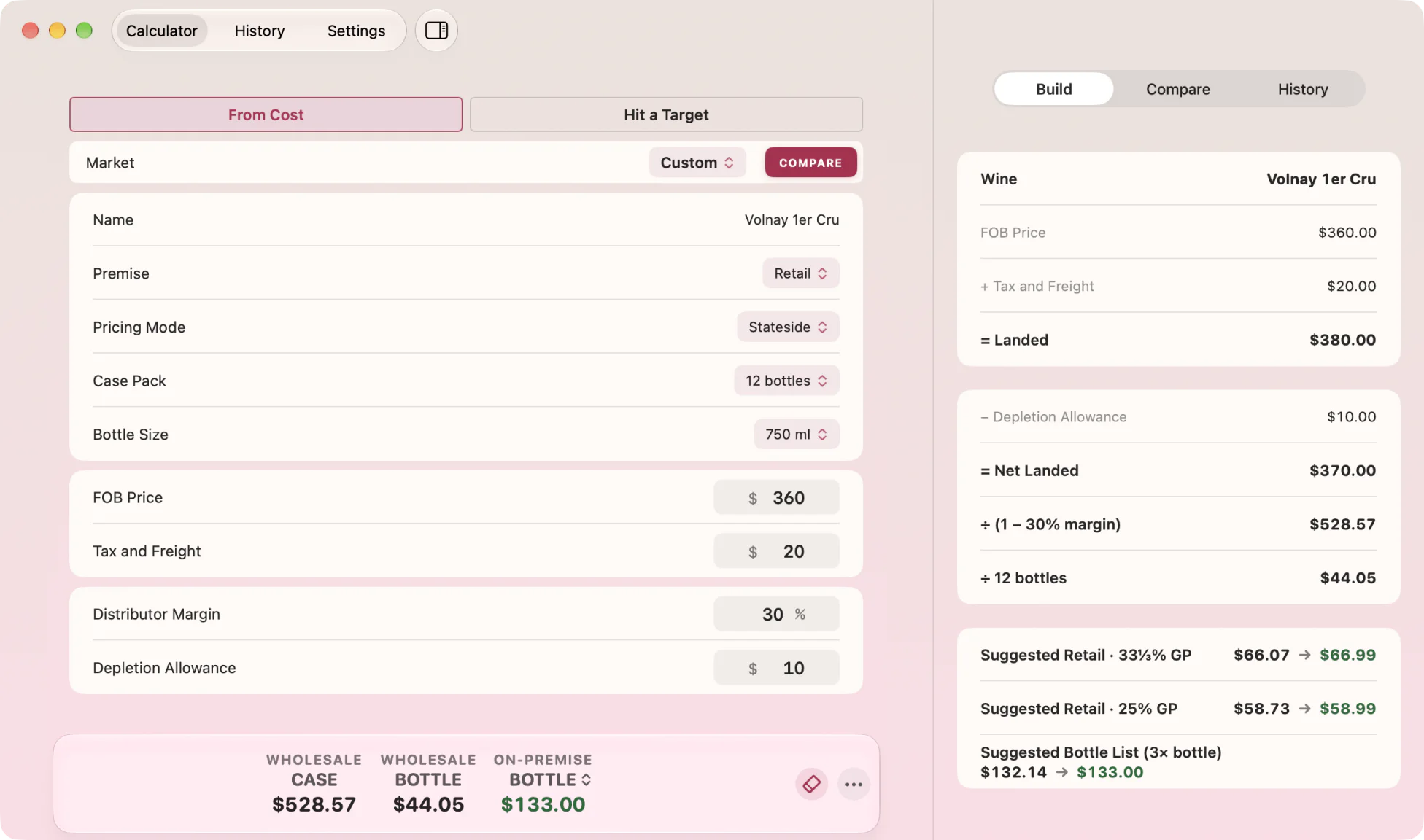 Landed on the Mac with the Build panel open: FOB price plus tax and freight to landed, less the depletion allowance, divided by the margin and the bottle count, through to the suggested retail prices.